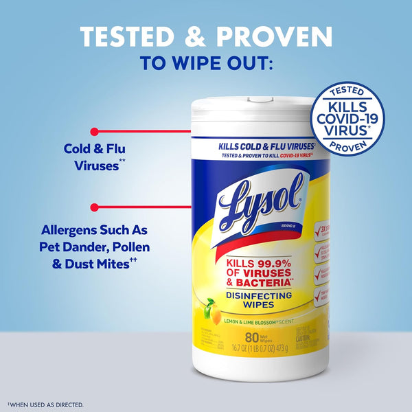 LYSOL Disinfecting Wipes, All Purpose Cleaner, Multi-Surface Antibacterial Cleaning Wipes, Household Cleaning Supplies, Dorm Essentials, Lemon & Lime Blossom Scent, 80 ct. (3 Pack)
