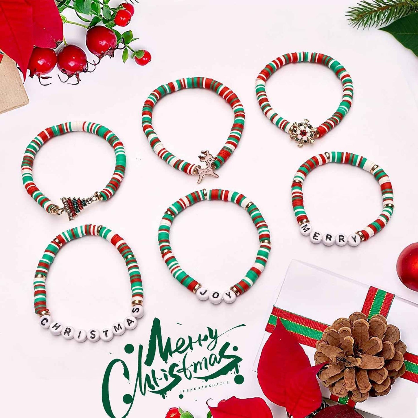 Christmas Bracelets for Women Men Teens Joy Merry Christmas Charms Beaded Stretch Bracelets Christmas Festive Gifts Outfit Accessories