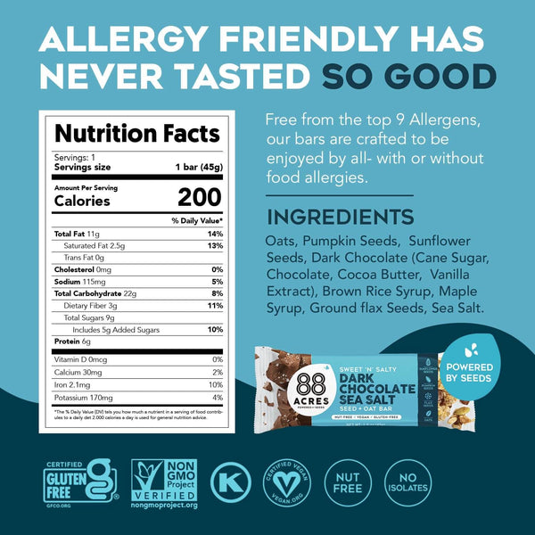 88 Acres Granola Bars, Dark Chocolate Sea Salt, 12 Count, Individually Wrapped, School Safe, Allergen Free