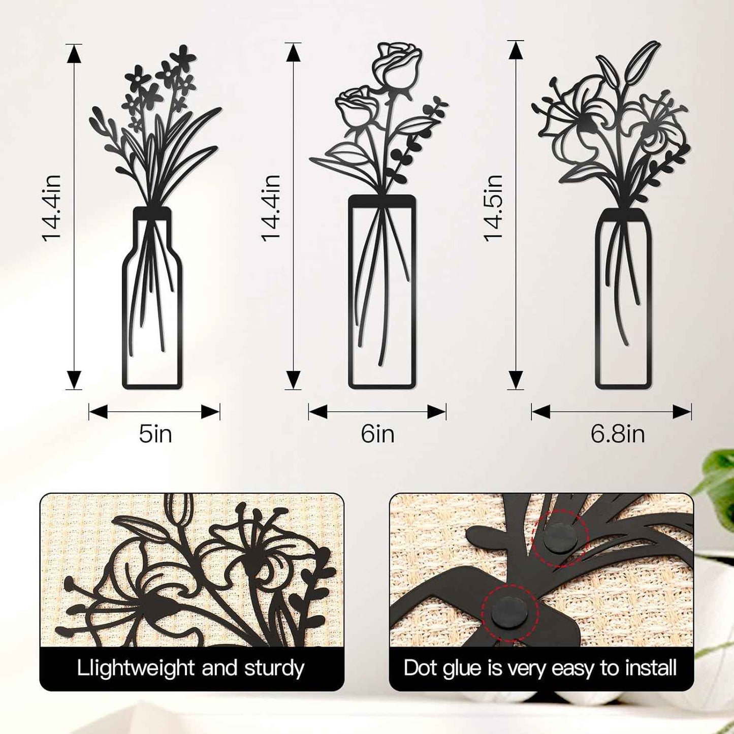 3 Pcs Large Black Metal Flowers and Vases Wall Decor Farmhouse Metal Flowers Wall Art Minimalist Art Flower Arrangement for Living Room Bedroom or Kitchen (Black, Floral C)