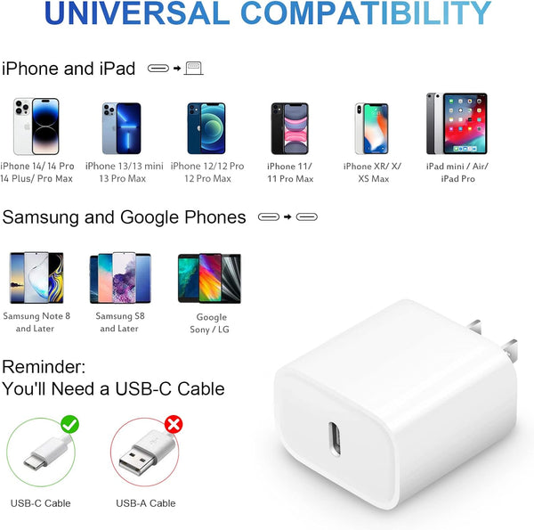 Fast Charging 20W PD USB C Wall Charger with 6FT Cable for iPhone and iPad