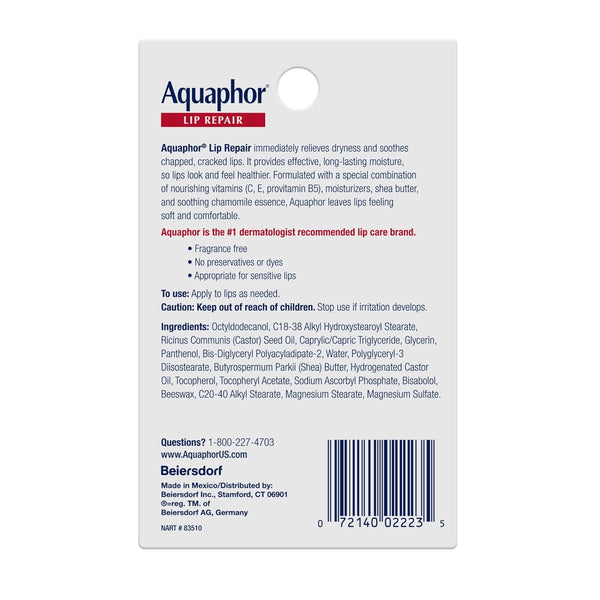 Aquaphor Lip Repair Ointment 0.35 Tube Pack of 2 Moisturizing Lip Balm for Sensitive and Very Dry Chapped Lips