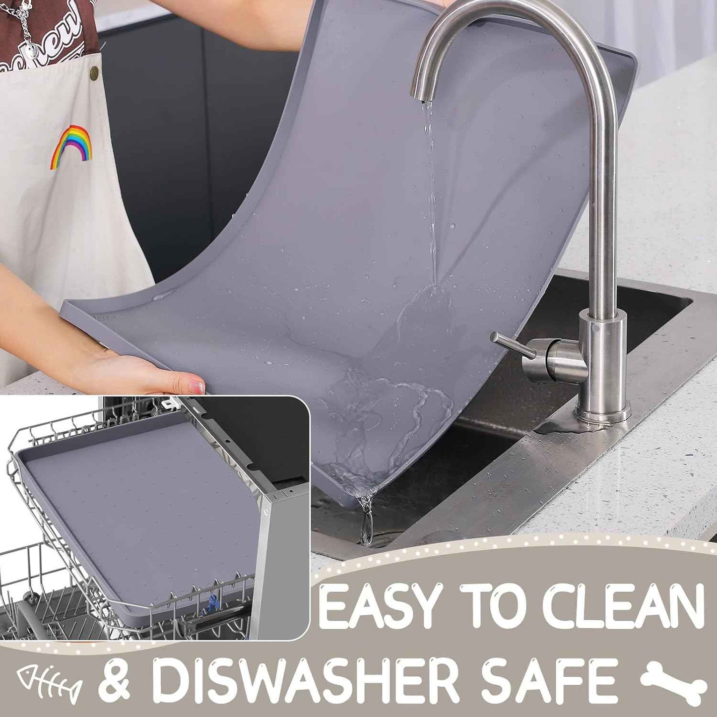 MateeyLife Silicone Cat & Dog Food Mat for Floors Waterproof, Anti-Slip Dog Bowl Mats for Food and Water, Pet Feeding Mats with Lip to Prevent Spills, Pet Placemat for Messy Drinkers to Protect Floors