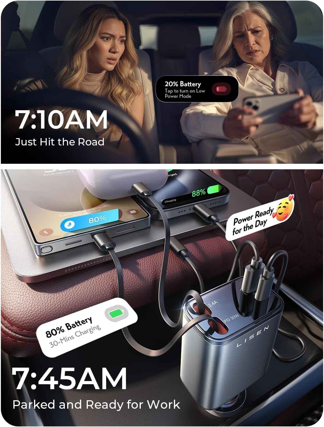 LISEN Retractable Car Charger, Birthday Gifts for Men Tech Gadgets 2026, 69W Cars Adapter USB C Fast Charger for iPhone 17, Car Accessories for Men Women Drivers, for iPhone 17 Pro Max Air 16 15 14 13