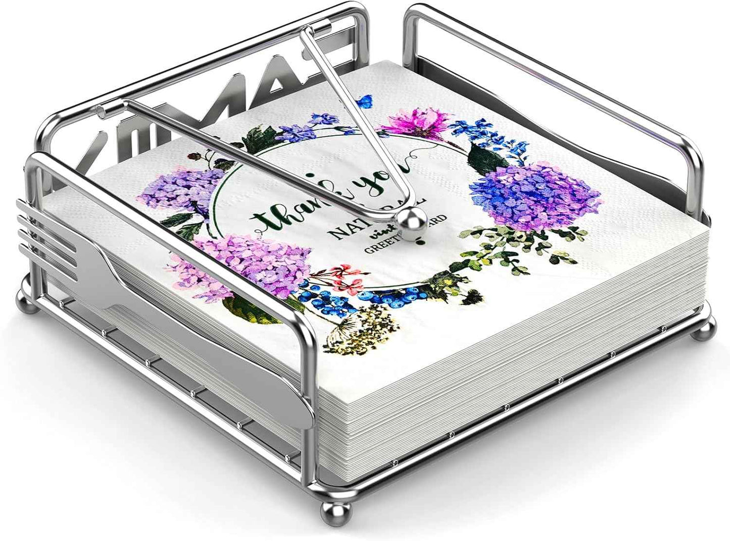 Napkin Holder for Table, Flat Napkin Dispenser with Weighted Arm, Square Cocktail Paper Holder of Elegant Rustic Iron for Kitchen Dining Room Decor Restaurant Farmhouse Hotel Party, Black