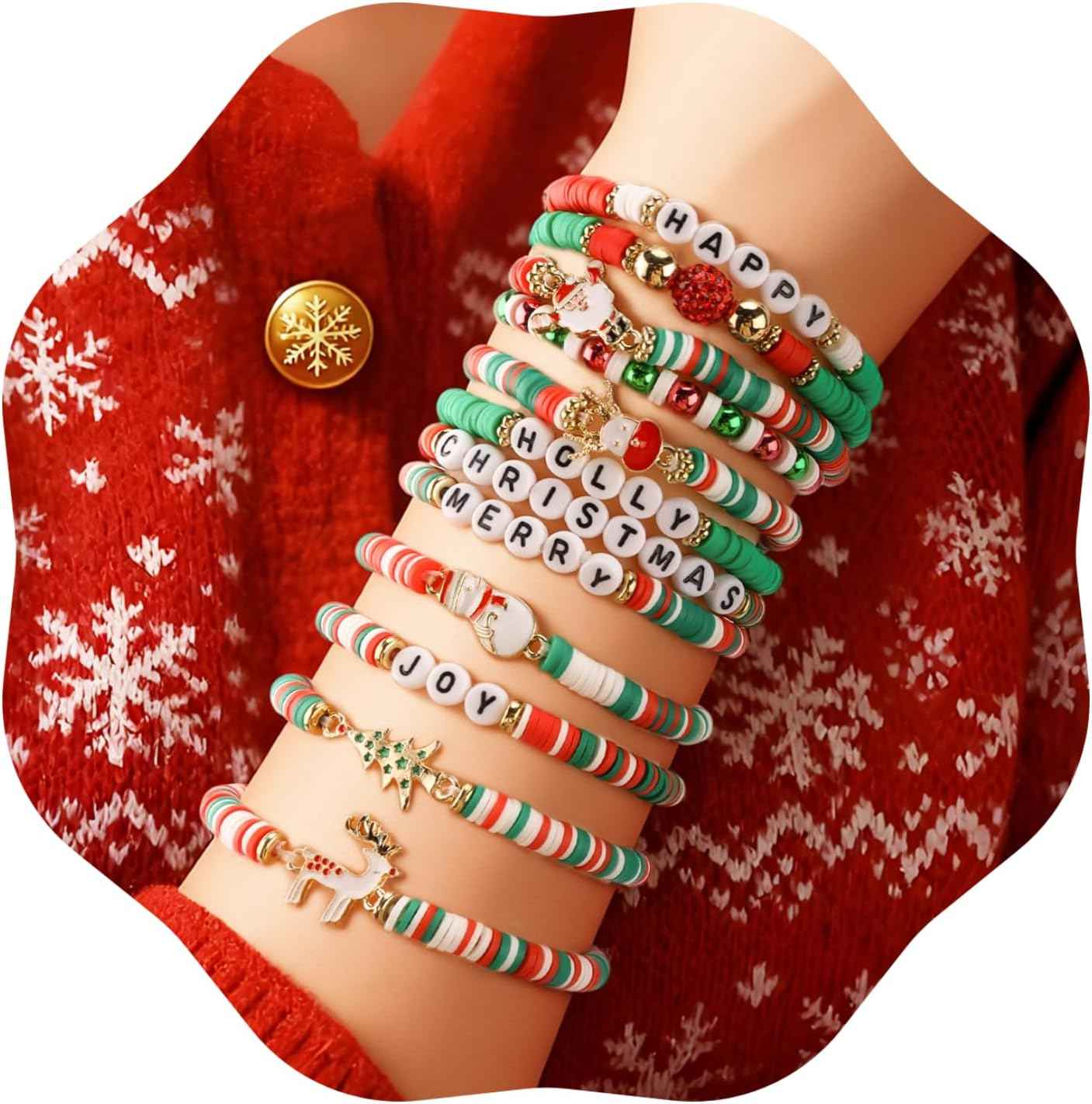 CUBACO 12 Pack Christmas Bracelets Jewelry for Women Handmade Candy Beaded Bracelets Letter Stretch Bracelet Bulk White Red Green Friendship Christmas Decorations Holiday Stocking Stuffers Gifts