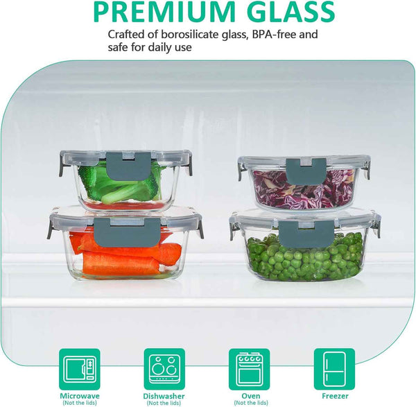 KOMUEE 24 Pieces Glass Food Storage Containers Set,Meal Prep Containers-Stackable Airtight Glass Storage Containers with lids,Freezer, Microwave, Oven Safe,Gray
