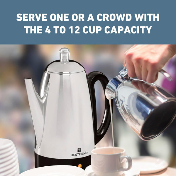 West Bend Electric Percolator Classic Style Coffee Maker with Stainless Steel Parts and 12-Cup Capacity
