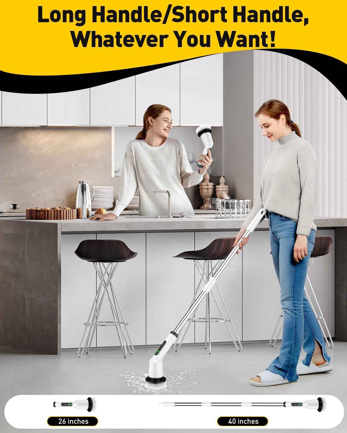 Electric Spin Scrubber for Cleaning Bathroom, Shower Scrubber Cordless Cleaning Brush with IPX7 Waterproof & 2 Speed, 3 Brush Heads, Bathroom Cleaning Supplies for Shower Tub Kitchen Tile Toilet White