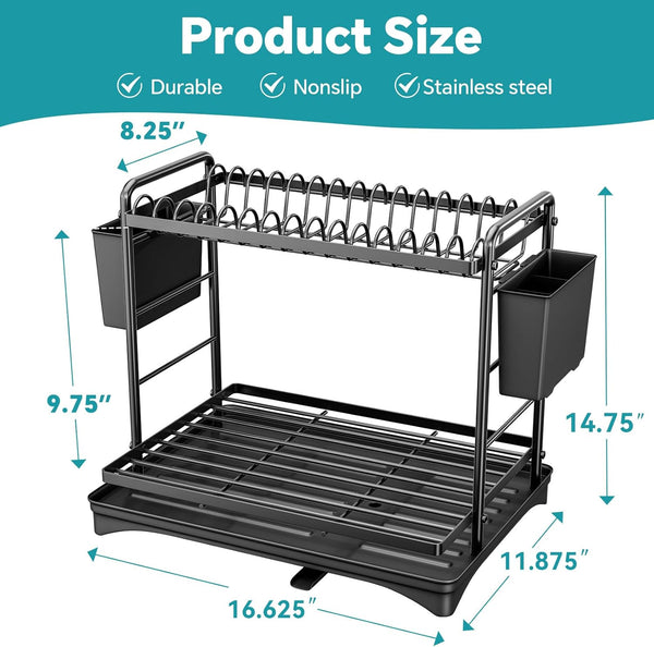 2-Tier Stainless Steel Dish Rack with Utensil Holder and Drainboard