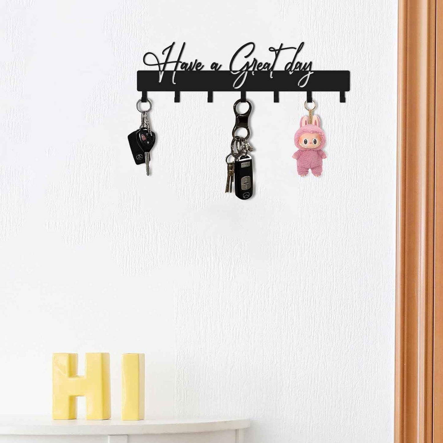 Have a Great Day Key Hooks for Wall Decoration,Delicate Fashion Black Metal Key Holder Wall Mount,Have a Great Day Key Hanger with 7 Kooks for Hallway,Office