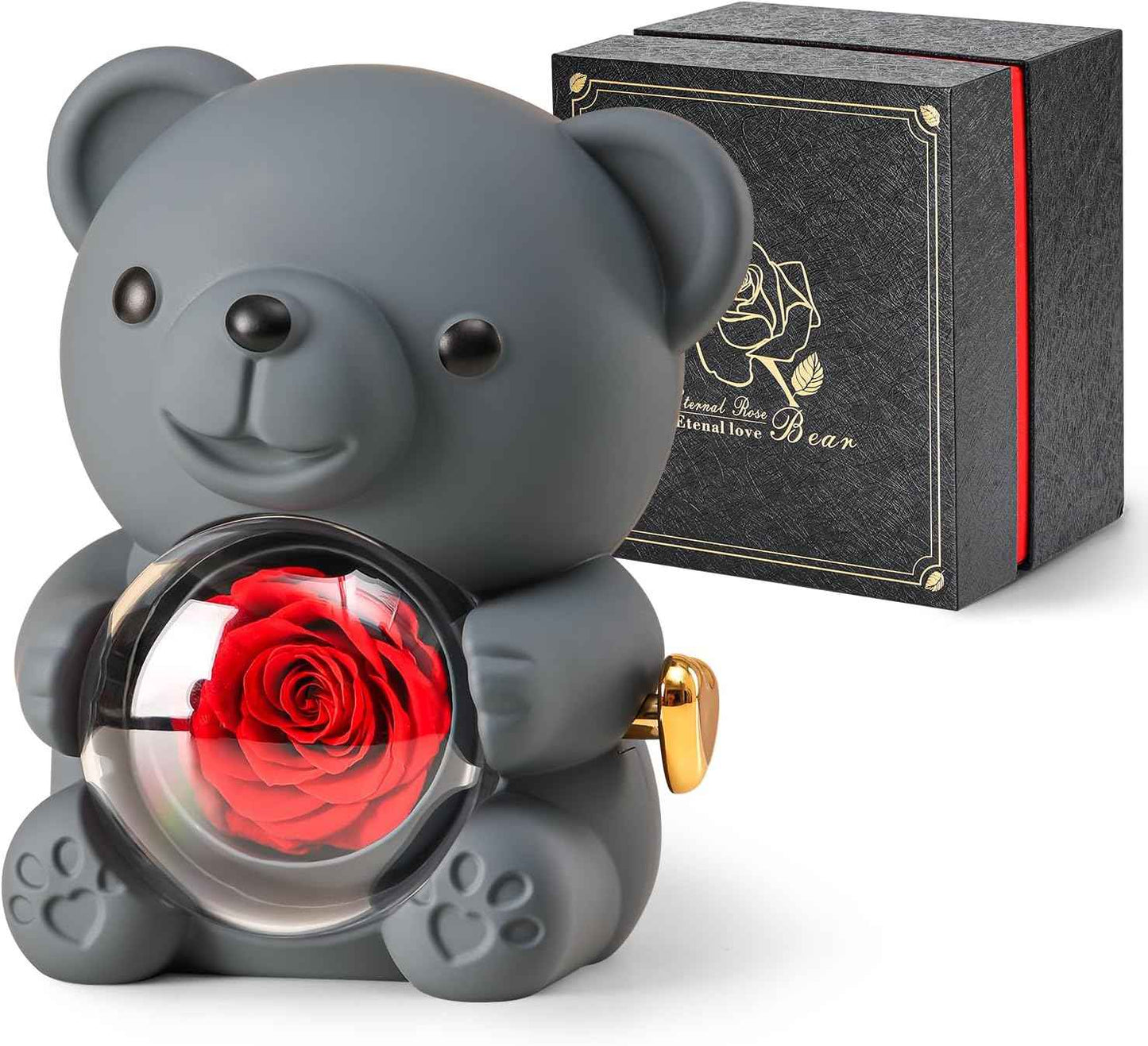 Cute Teddy Bear with Preserved Rose - A Real Rose Flower in Bear with Elegant Gift Box - Romantic Gift for Her in Mother's Day, Weddings, Anniversaries, and Bridal Showers (Red)