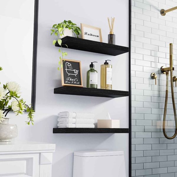 BAYKA Floating Shelves for Wall, Wall Mounted Rustic Wood Shelves for Bathroom, Bedroom, Living Room, Kitchen, Hanging Shelf for Books/Storage/Room Decor with 22lbs Capacity (Black, Set of 3, 15.7in)