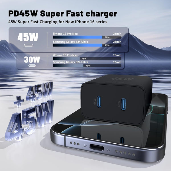 Super Fast Samsung Charger Type C,45W Dual Port USB C Fast Charger Block [2-Pack] & Extra Long 60W 3/6/10/10FT USB C Cable - PD Quick Charging 3.0 For Samsung Galaxy S25 Ultra/S24+/S23 iPhone 16