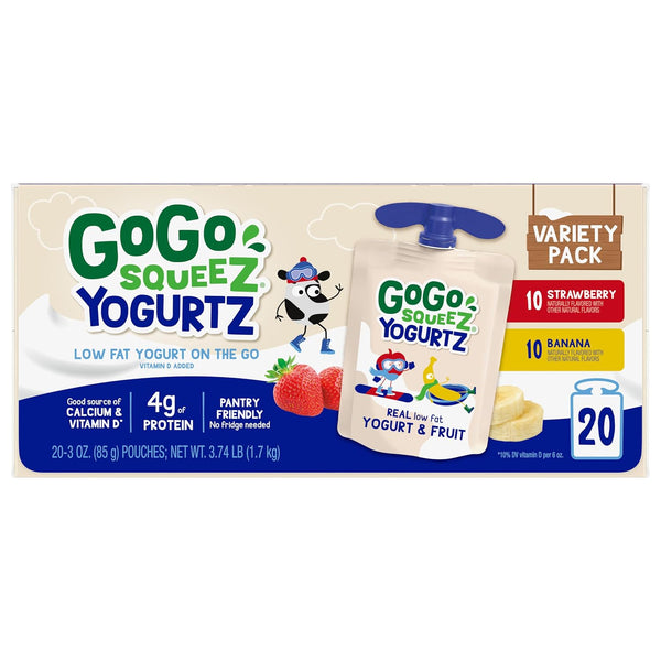 GoGo squeeZ Low Fat YogurtZ Variety Pack, 20 Pouches, Kids Snacks, Real Yogurt and Fruit, Gluten Free, Nut Free, BPA Free