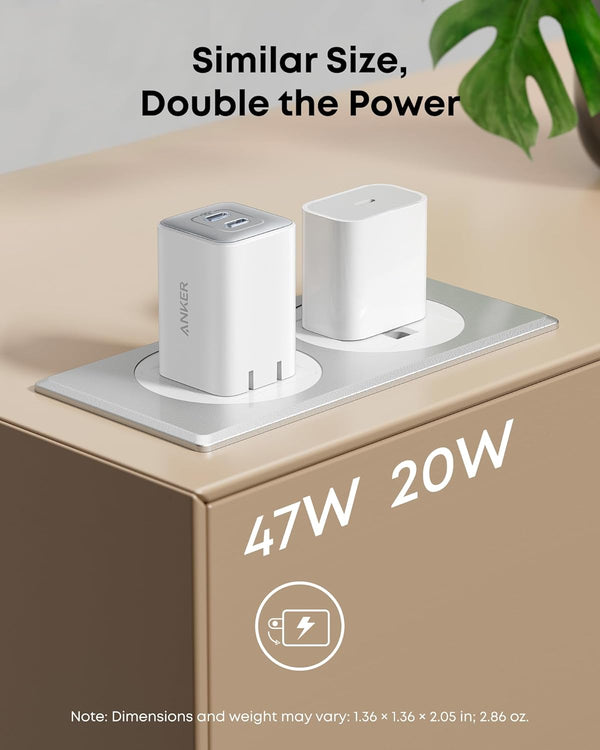 Anker Nano 47W Fast Charger USB C, 2-Port Compact Foldable USB C GaN Charger for iPhone 17/16, Galaxy, Pixel, Compatible with MagSafe (White)