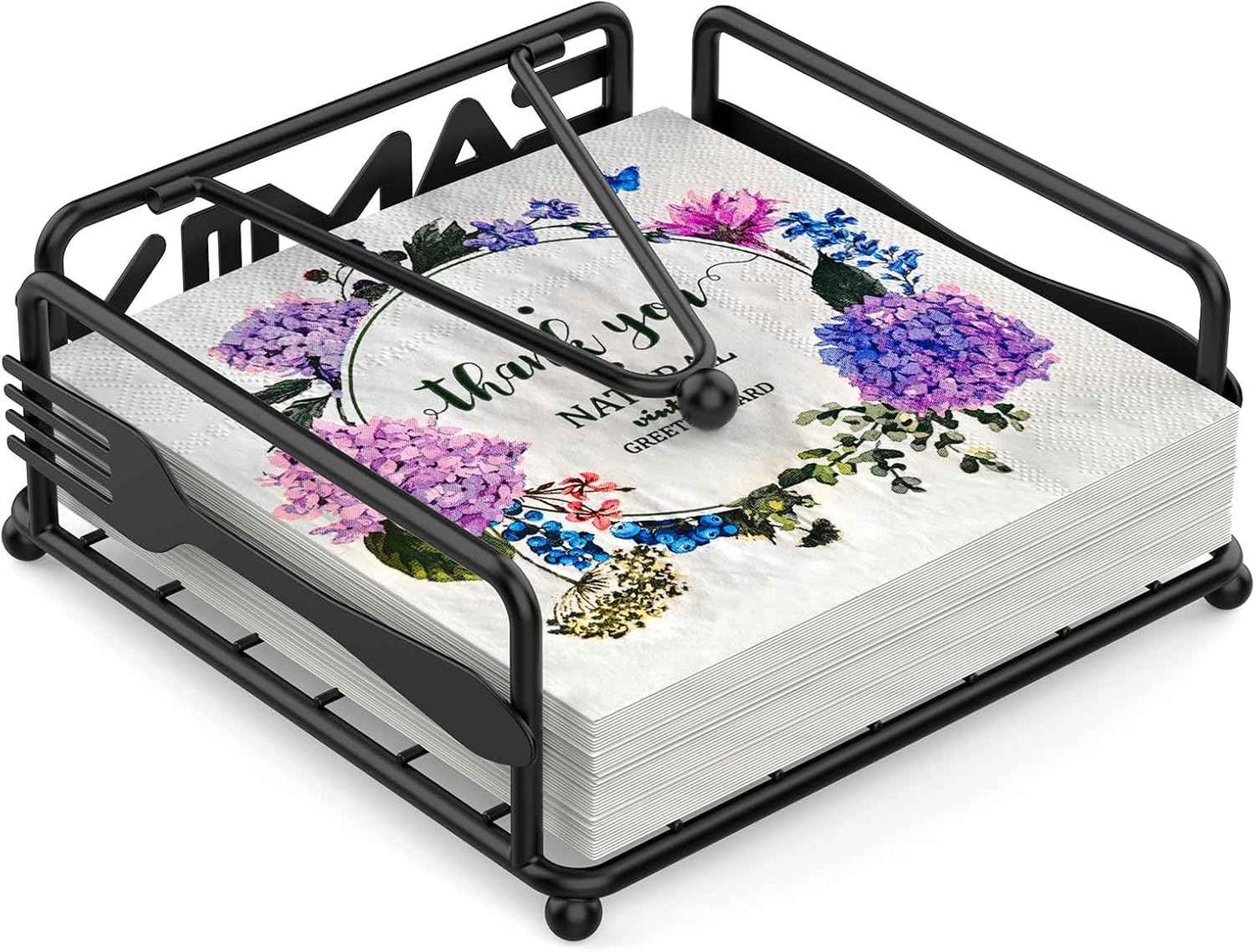 Napkin Holder for Table, Flat Napkin Dispenser with Weighted Arm, Square Cocktail Paper Holder of Elegant Rustic Iron for Kitchen Dining Room Decor Restaurant Farmhouse Hotel Party, Black