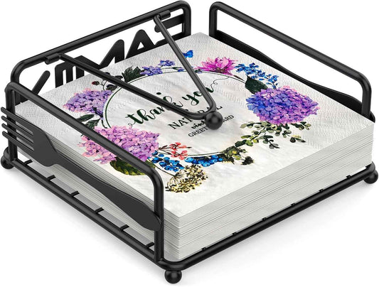 Napkin Holder for Table, Flat Napkin Dispenser with Weighted Arm, Square Cocktail Paper Holder of Elegant Rustic Iron for Kitchen Dining Room Decor Restaurant Farmhouse Hotel Party, Black