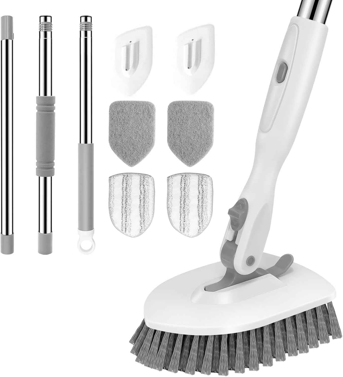 SetSail Floor Scrub Brush, 3-In-1 Tile Tub Floor Scrubber with 52-inch Adjustable Long Handle Shower Cleaner and 3 Detachable Replacement Brush Heads for Cleaning Bathroom Kitchen Walls Tub Tile