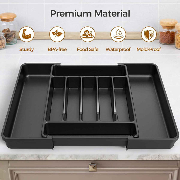 Extra Large Expandable Black Silverware Organizer for Silverware, Cutlery, and Utensils, BPA-Free, Adjustable
