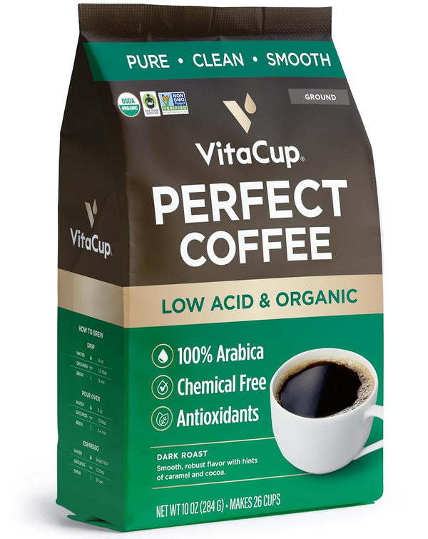 VitaCup Perfect Low Acid Coffee Ground, USDA Organic & Fair Trade, Mycotoxin Free, Dark Roast Guatemala Single Origin