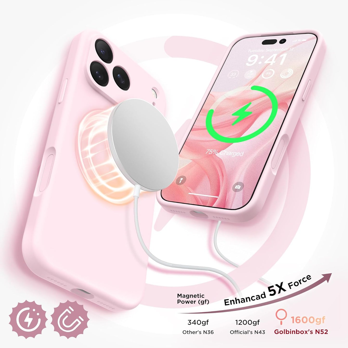 GolbinBox Magnetic for iPhone 17 Pro Max Case, Compatible with MagSafe, [Full Camera Protection] [Screen Protector], Silicone Shockproof Phone Cover with Anti-Scratch Microfiber Lining, Chalk Pink