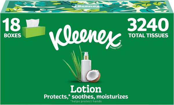 Kleenex Lotion Facial Tissues with Coconut Oil, 3 Flat Boxes, 120 Tissues Per Box, 3-Ply