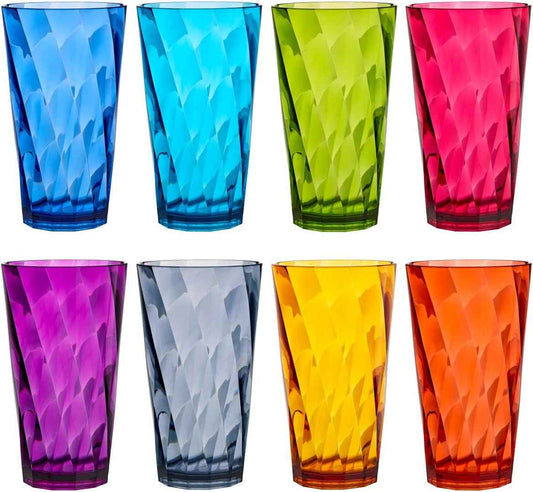 US Acrylic Optix Plastic Reusable Drinking Glasses (Set of 8) 20oz Water Cups in Jewel Tone Colors | BPA-Free Tumblers, Made in USA | Top-Rack Dishwasher Safe
