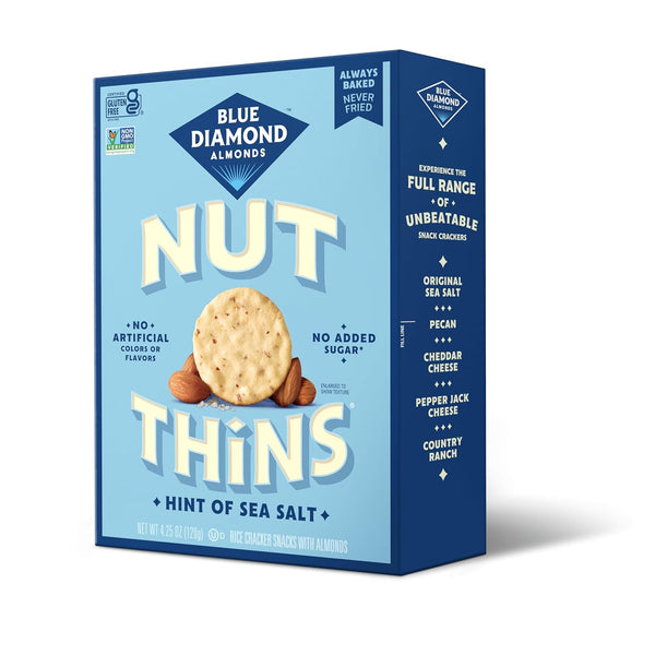 Blue Diamond Almonds Nut Thins Gluten Free Cracker Crisps, Hint of Sea Salt, 4.25 Oz Boxes (Pack of 6)