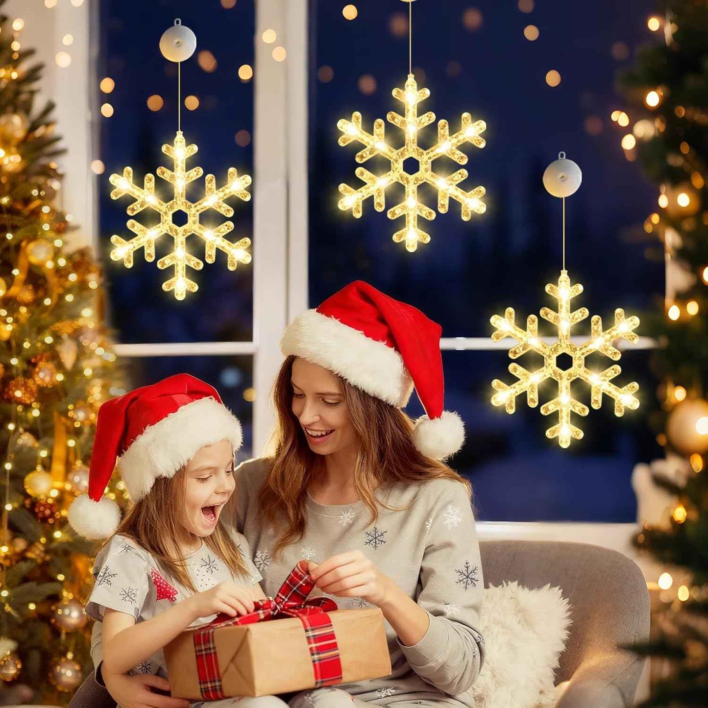 3Pack Christmas Window Lights Decorations with Timer,Battery Powered Christmas Hanging Warm White Lighted Snowflake Shaped LED Sucker for 2026 Xmas Tree Fireplace Indoor Decor