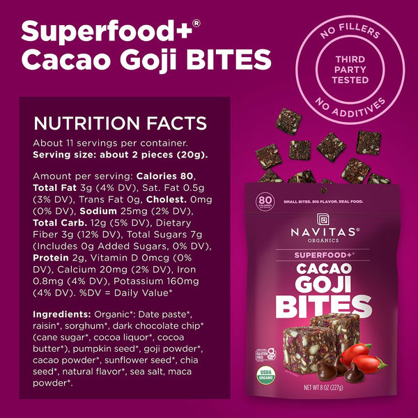 Navitas Organics Cacao Goji Superfood+ BITES are all natural plant-based power snacks with clean energy and nutrition.