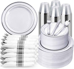 BESTVIP 700PCS Gold Plastic Dinnerware Set for 100 Guests, Disposable Plates for Party, Include: 200 Plastic Plates, 100 Pre Rolled Napkins with Gold Silverware, 100 Cups for Christmas, Halloween