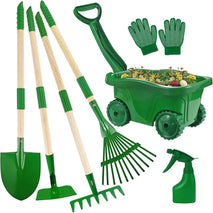 Duckura Kids Gardening Tools Set - 7pcs Wheelbarrow Set for Kids with Shovel, Rake, Leaf Rake, Summer Outdoor Yard Digging Weed Birthday Gifts Toys, Valentine's for Boys Girls Age 2 3+ Years(Green)
