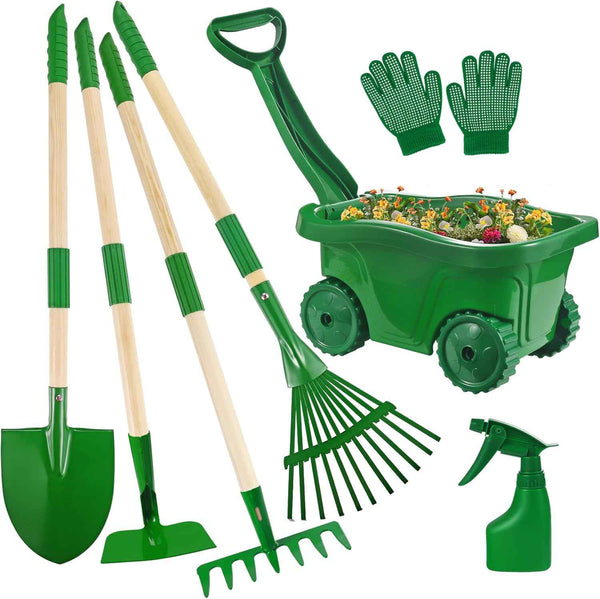 duckura kids gardening tools set 7pcs wheelbarrow set for kids with shovel rake leaf rake summer outdoor yard digging weed birthday gifts toys green