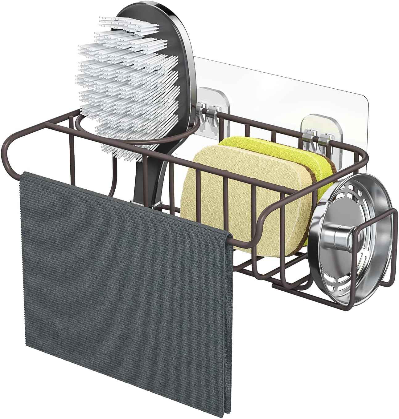HapiRm 4 in 1 Sink Caddy Sponge Holder, SUS304 Stainless Steel Kitchen Brush Holder + Dish Cloth Hanger + Soap Rack + Sink Stopper Rack + Sponge Caddy for Kitchen - Silver