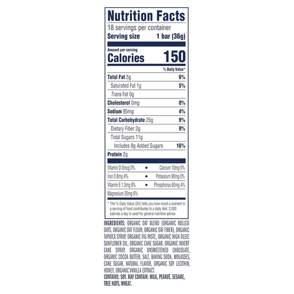 non-gmo usda organic chocolate chip soft-baked granola bars 18-pack 12g whole grains