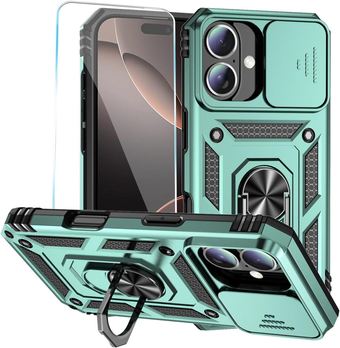 SunStory Phone Case for iPhone 16 6.1" with HD Screen Protector | Slide Camera Cover | Rotated Ring Kickstand | Military-Grade Protection | Red