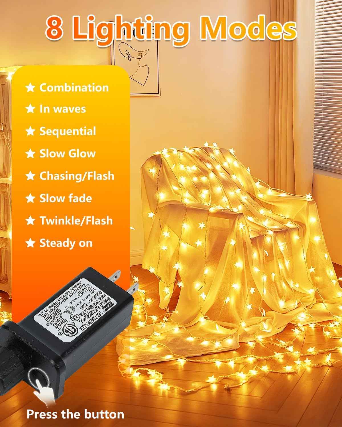 Twinkle Star 100 LED Star String Lights, 33FT Plug in Fairy String Lights Waterproof, Extendable for Indoor, Outdoor, Wedding Party, Christmas Tree, New Year, Ramadan, Garden Decoration, Warm White