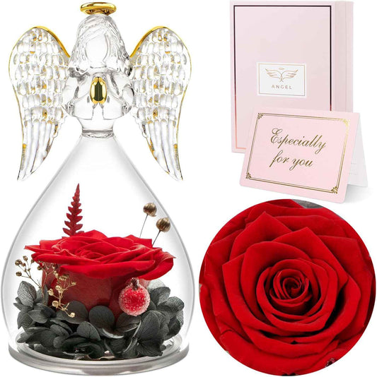 Sunia Valentines Day Rose Gifts for Women, Birthday Gifts for Mom Grandma, Forever Preserved Flower in Glass Angel Figurines Flowers for Delivery Prime, Mothers Day Real Roses for Her Wife