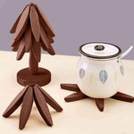 Wooden Tree Shape Coasters and Trivet Set, 4 Wooden Trivets + 1 Stand, Brown