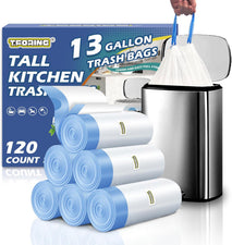 13 Gallon Trash Bags Drawstring 120 Count, 1.7 Mil Thick White Garbage Bags, Easy-Dispense Roll for Kitchen & Household Use, Resists Tears, Leaks and Punctures