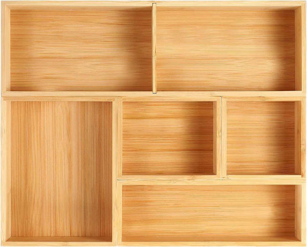 Fabsome Drawer Organizer, Set of 9 Bamboo Wood Kitchen Makeup Desk Junk Tea Drawer Storage Boxes Bins for Cutlery Silverware Utensils Flatware, Small Wooden Container Tray for Bathroom, Office