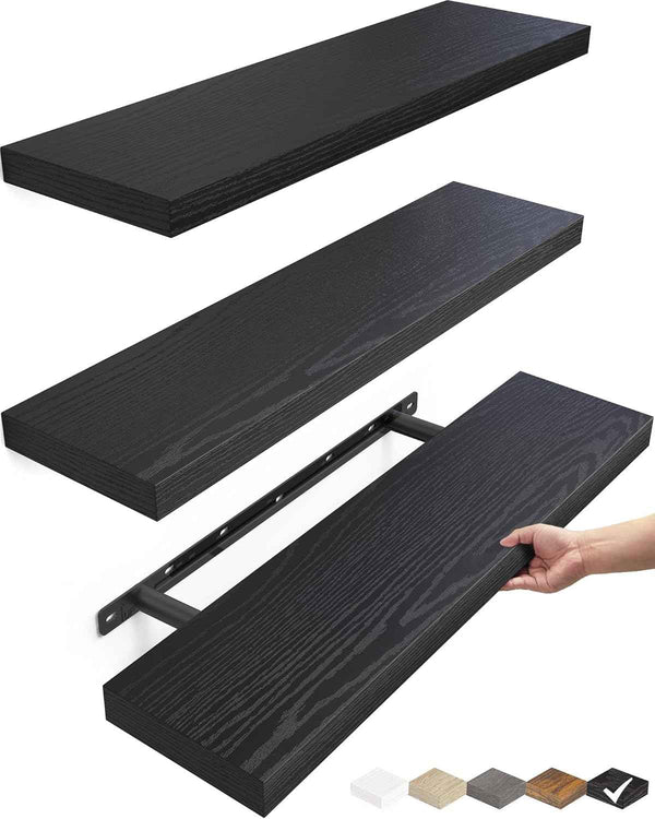 BAYKA Floating Shelves for Wall, Wall Mounted Rustic Wood Shelves for Bathroom, Bedroom, Living Room, Kitchen, Hanging Shelf for Books/Storage/Room Decor with 22lbs Capacity (Black, Set of 3, 15.7in)