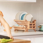 Bamboo Folding 2-Tier Collapsible Dish Rack with Utensil Holder Set