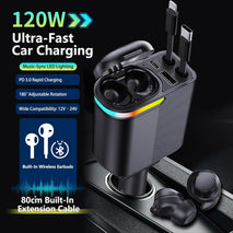 MLVOC 120W Fast Charging Car Charger with Earbuds, Retractable 4-in-1 USB-C & Lightning for iPhone & Android (Black) - Rayz Mart