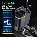 MLVOC 120W fast car charger with retractable 4-in-1 cable & wireless earbuds for commuters