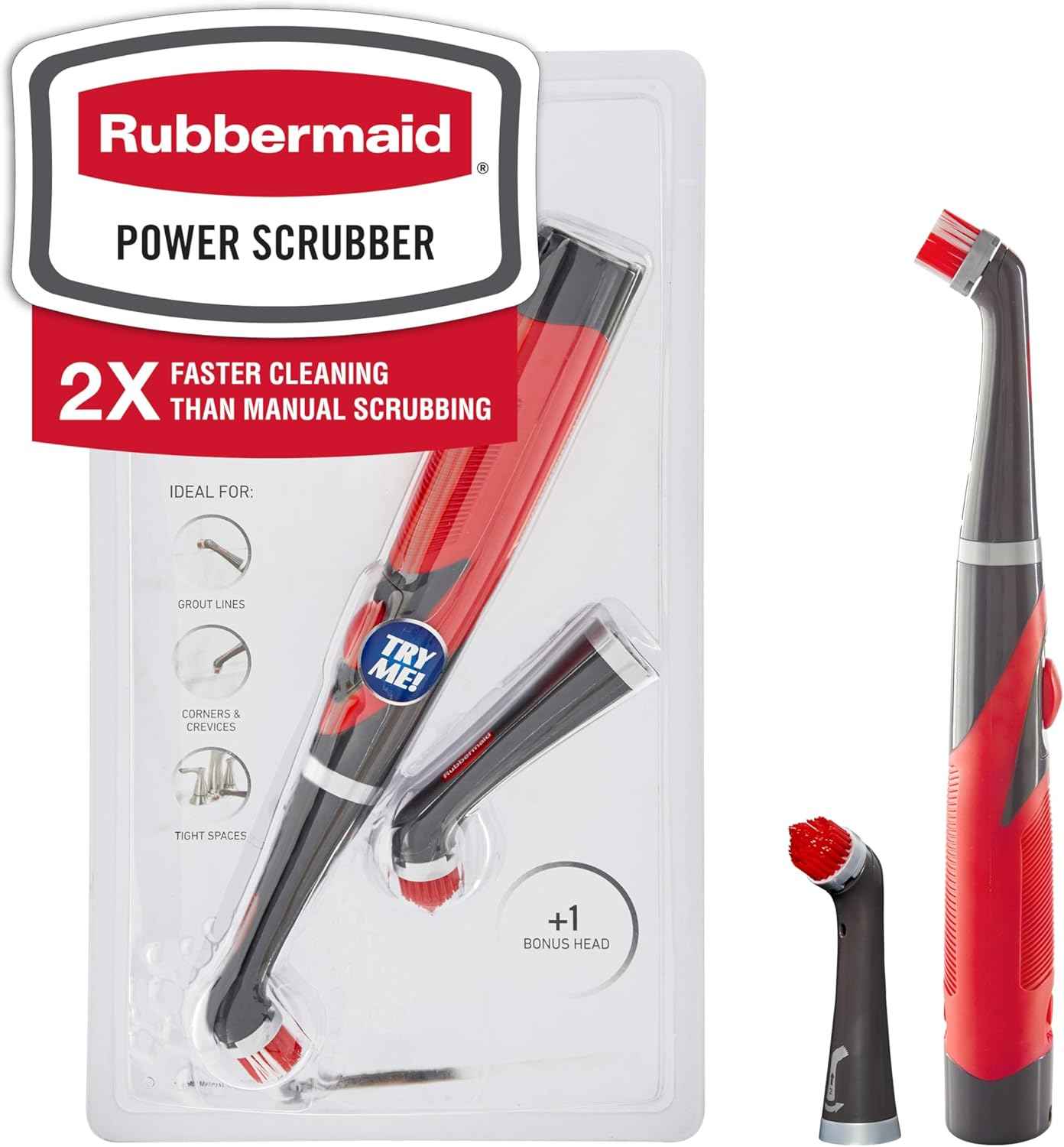 Rubbermaid Reveal Power Scrubber with Multi-Purpose & Grout Head, Cordless Electric Battery Powered Scrub Brush, Water Resistant, for Home/Kitchen/Bathroom/Grout/Tile/Shower/Tub