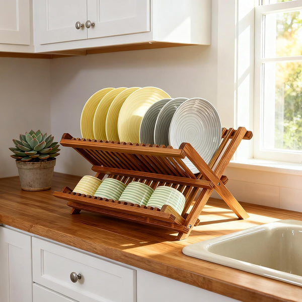 Teak Dish Drainer Rack Collapsible 2 Tier Dish Rack for Kitchen Countertop