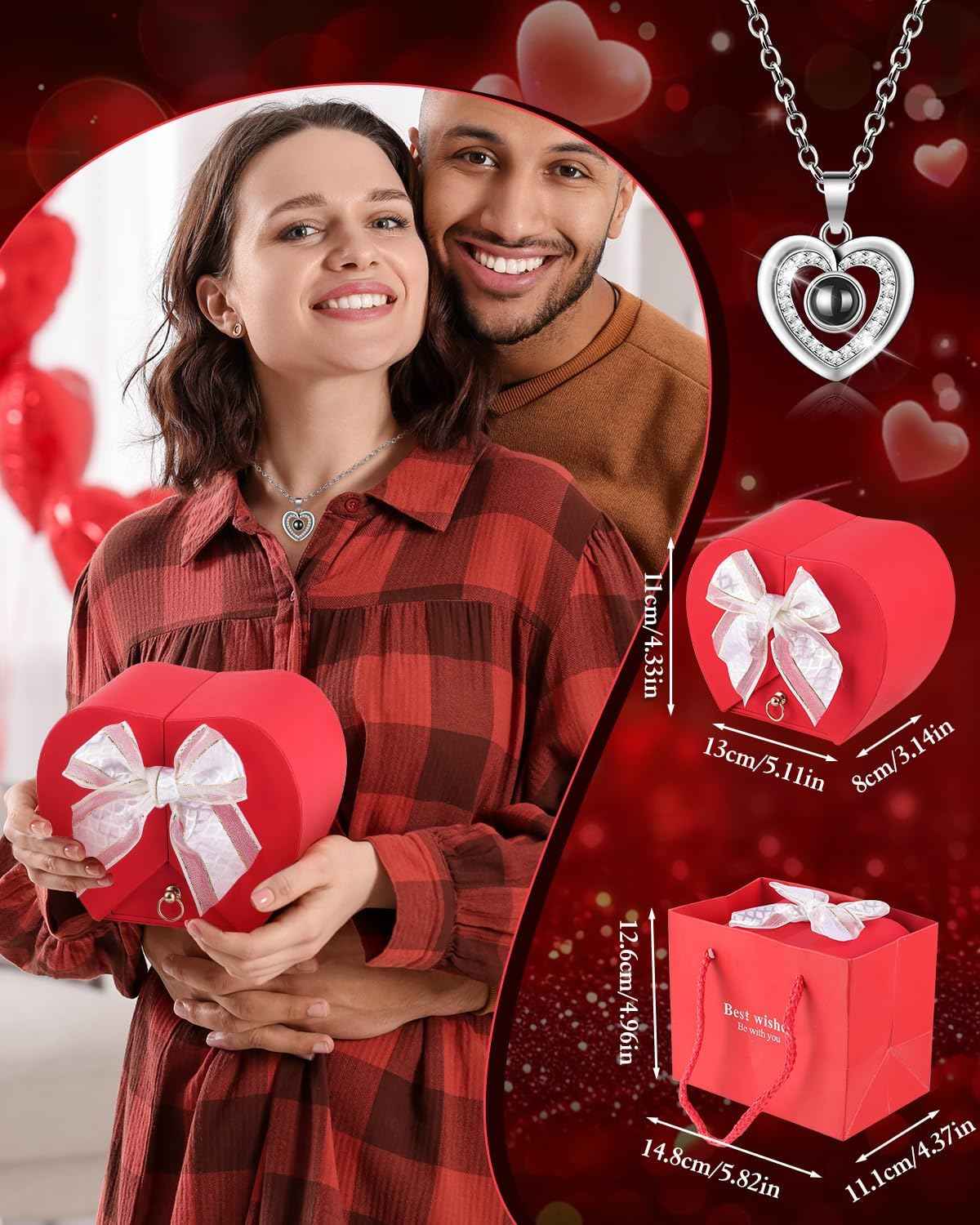 Preserved Red Forever Rose Heart Necklace Gift Box, Eternal Flowers "I Love You" Projection Jewelry for Women, Romantic Christmas Valentines Day Anniversary Birthday Gift for Her(Wife Girlfriend Mom)