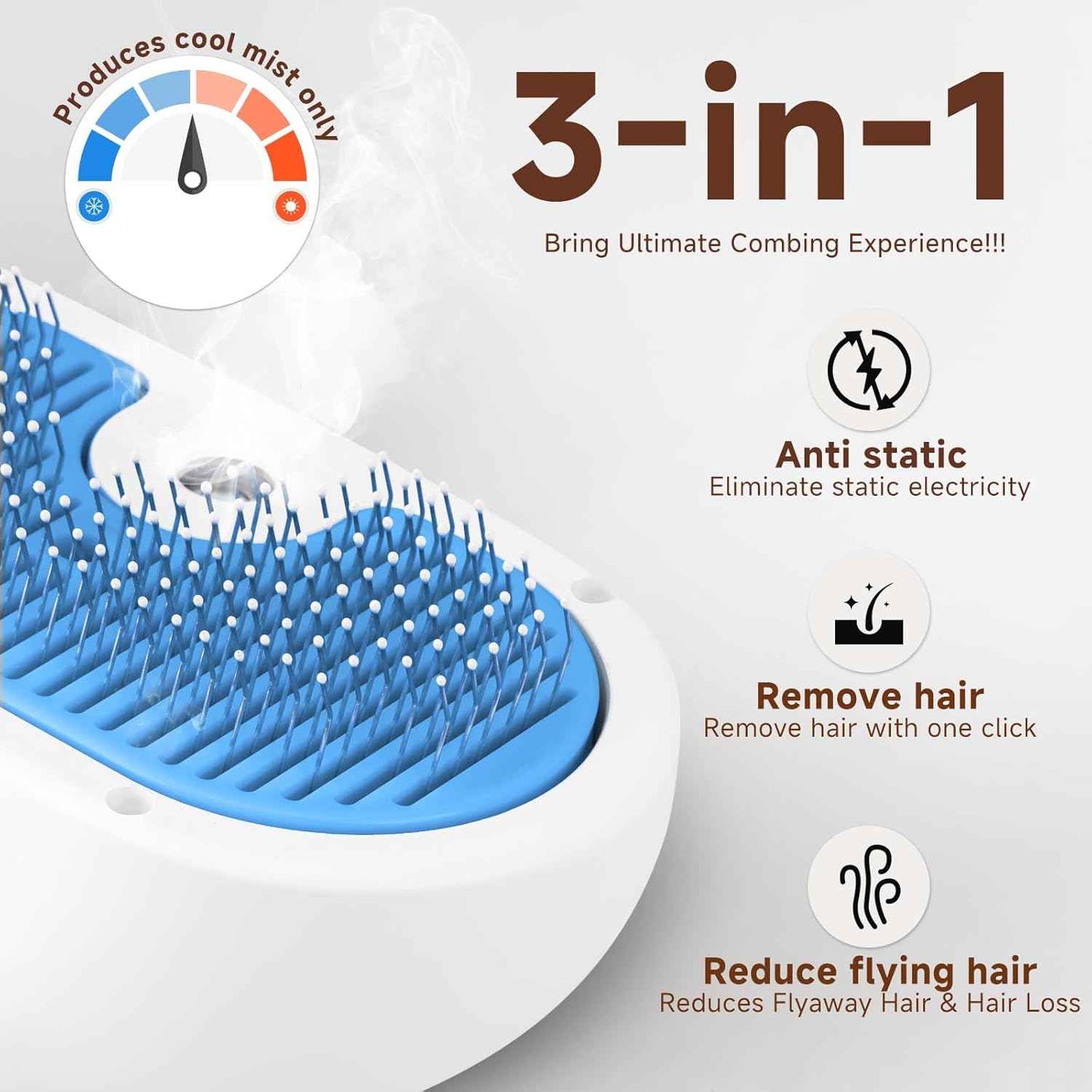 Pet Steam Brush for Dog & Cat - 3-in-1 Steam Grooming Brush for Shedding & Hair Removal - Self Cleaning Spray Comb with Mist for Long Haired Pets - Includes 1*Waterless Shampoo, Blue.